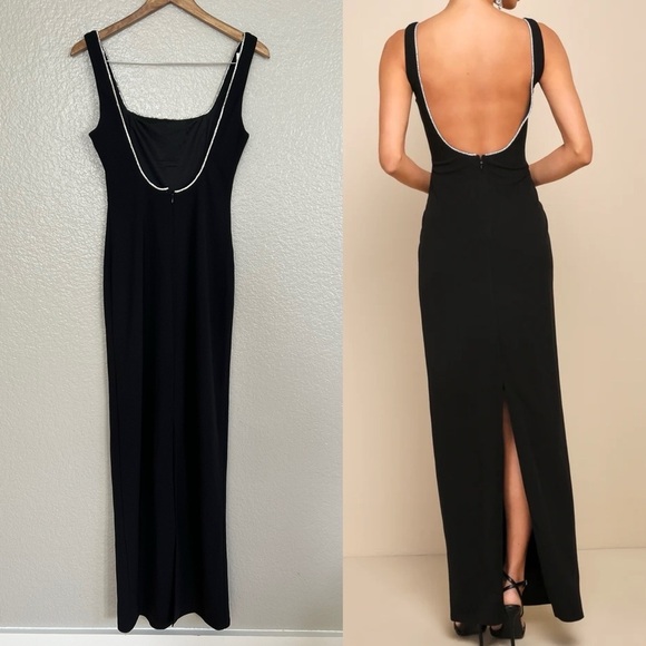 NWT Timeless Poise Black Rhinestone Square Neck Backless Maxi Dress - Picture 3 of 10